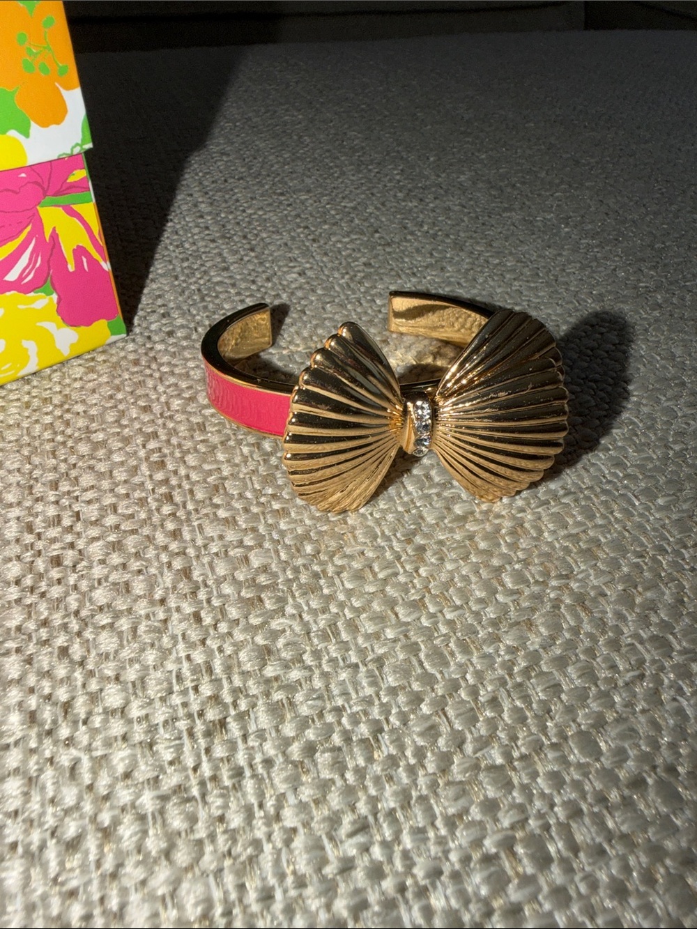 Lilly Pulitzer Gold Bow Cuff Bracelet with Pink Enamel Accent. NWOT